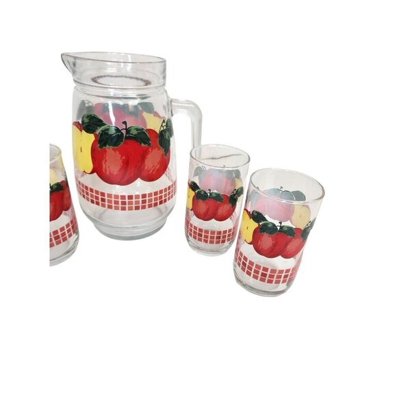 Vintage KIG Malaysia Clear Glass 48oz Handled Pitcher 4 juice glasses, Red Apple - Picture 8 of 16